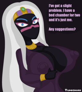 Rating: Questionable Score: 0 Tags: alien alien_humanoid big_breasts black_background black_body black_skin blue_eyes breasts cleavage clothed clothing duck_dodgers e621 english_text female grandfathered_content hair humanoid jewelry makeup martian necklace nipples not_furry queen_tyr'ahnee simple_background solo text tumiohax warner_brothers white_hair User: bunchy7s