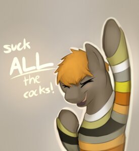 Rating: Questionable Score: 0 Tags: 2012 braeburned clothed clothing digital_media_(artwork) e621 english_text equid eyes_closed hair hasbro male mammal my_little_pony orange_hair simple_background solo stated_homosexuality stated_sexuality sweater text topwear umber_(braeburned) User: bunchy7s