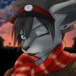 Rating: Questionable Score: 0 Tags: 1:1 anthro bdsm_symbol blue_eyes clothed clothing e621 ear_piercing female fur grey_body grey_fur hat headgear headwear low_res maksimillian_"max"_sharp male one_eye_closed piercing scarf solo sunrise triskele vagabond_(artist) wink User: bunchy7s