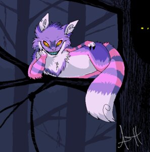 Rating: Safe Score: 0 Tags: alice_in_wonderland branch cheshire_cat cheshire_cat_(species) chest_tuft claws cool_colors digital_media_(artwork) dipstick_tail domestic_cat e621 felid feline felis forest front_view fur hand_on_hip in_tree looking_at_viewer low_res lying male mammal markings multicolored_tail nude on_branch on_side open_mouth open_smile orange_sclera outside pink_body pink_fur plant purple_body purple_fur skeleion smile solo stripes tail tail_markings toony tree tuft whiskers white_body white_fur wood yellow_eyes User: bunchy7s
