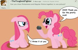 Rating: Safe Score: 0 Tags: blue_eyes cutie_mark dialogue dual_persona duo e621 earth_pony english_text equid equine female feral friendship_is_magic fur hair hasbro hi_res horse mammal my_little_pony pink_body pink_fur pink_hair pinkamena_(mlp) pinkie_pie_(mlp) pony pupster0071 rock square_crossover text User: bunchy7s