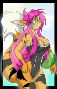 Rating: Questionable Score: 0 Tags: 2009 5_fingers alfreda_fliss ball big_breasts biped black_border blue_eyes blush border breasts clothing dipstick_tail e621 female fingers hair hi_res holding_ball holding_object markings mastergodai nike one-piece_swimsuit pink_hair smile solo stripes swimwear tail tail_markings User: bunchy7s