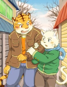 Rating: Safe Score: 0 Tags: 5_fingers anthro arm_grab blue_eyes blush bottomwear brown_body brown_fur building cel_shading clothed clothing countershading day domestic_cat duo e621 felid feline felis fingers front_view fruitz fully_clothed fur inner_ear_fluff jacket looking_aside looking_at_another male mammal open_mouth orange_body orange_fur outside pantherine pants red_eyes scarf shaded shirt size_difference stripes tail tiger toony topwear tuft walking whiskers white_body white_fur User: bunchy7s