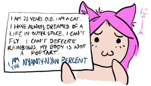 Rating: Safe Score: 0 Tags: 7:4 :3 ambiguous_gender anthro domestic_cat e621 english_text felid feline felis hair holding_object holding_sign humor japanese_text mammal meme pink_hair sign solo text verlissa viona User: bunchy7s