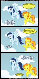 Rating: Safe Score: 0 Tags: amber_eyes blue_body blue_feathers blue_hair cloud comic cutie_mark dialogue duo e621 english_text equid equine feathered_wings feathers female feral friendship_is_magic green_eyes hair hasbro hi_res humor male mammal my_little_pony mythological_creature mythological_equine mythology orange_hair outside pegasus quadruped sky soarin_(mlp) spitfire_(mlp) tail text url veggie55 wings wonderbolts_(mlp) yellow_body yellow_feathers User: bunchy7s