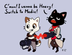 Rating: Safe Score: 0 Tags: 2014 anthro dialogue domestic_cat duo e621 english_text felid feline felis gamercat_(character) gaming gatling_gun glitch_(the_gamercat) gun healing heavy_(team_fortress_2) humor machine_gun male mammal medic_(team_fortress_2) minigun ranged_weapon sen_grisane_(artist) team_fortress_2 text the_gamercat valve valve_corporation weapon young young_anthro User: bunchy7s