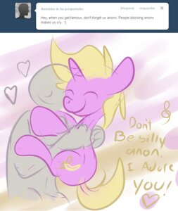 Rating: Safe Score: 0 Tags: 2012 anon cutie_mark duo e621 english_text equid equine eyes_closed fan_character female feral hasbro horn hug mammal my_little_pony mythological_creature mythological_equine mythology panicake tail text tumblr unicorn User: bunchy7s