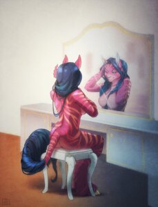 Rating: Questionable Score: 0 Tags: 2013 anthro biped black_hair black_tail_tuft braided_hair breasts butt closed_smile dark_sclera e621 equid equine eyebrows featureless_breasts felid female female_anthro fingers furniture gryx hair half-closed_eyes hi_res hooves horse hybrid inside long_hair looking_at_mirror looking_at_object mammal mirror mouth_closed narrowed_eyes nude nude_anthro nude_female pantherine purple_body reflection signature sitting sitting_on_stool smile solo stool striped_body stripes tail tail_tuft tiger tuft yellow_stripes User: bunchy7s