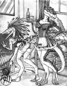Rating: Questionable Score: 0 Tags: alcohol anthro anthrosaurs archaeopteryx beverage bottle bra breasts bustier butt ceratosaurid ceratosaurus claws clothed clothing container dinosaur duo e621 female gloves greyscale handwear holding_object legwear lingerie liquor maid_uniform monochrome non-mammal_breasts panties predaguy prehistoric_species reptile saurischian scalie stockings tail theropod underwear uniform upskirt User: bunchy7s