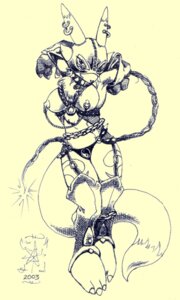 Rating: Explicit Score: 0 Tags: 2003 anthro breasts canine chains digimon digimon_(species) female female_only fox front_view fur furry harness leather_mask masked masked_female monochrome nipple_chain nipple_piercing nipples piercing renamon rule34 sawblade_(artist) solo solo_female spiked_collar tagme thong User: bunchy7s