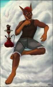 Rating: Safe Score: 0 Tags: anthro bottomwear canid canine canis clothing cloud domestic_dog e621 green_eyes hair hi_res hookah looking_at_viewer male mammal on_cloud outside piercing red_hair shirt shorts sky skyscape smoking solo tank_top text topwear unknown_artist url User: bunchy7s