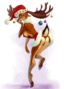 Rating: Questionable Score: 0 Tags: anthro antlers ball breasts butt christmas clothing deer e621 female hat headgear headwear holidays hooves horn mammal panties side_boob simple_background solo switchblade_(artist) tail underwear white_background User: bunchy7s