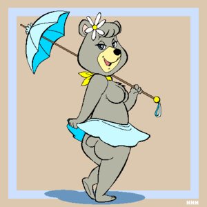 Rating: Questionable Score: 0 Tags: 1:1 4_fingers aliasing anthro barefoot bear biped black_nose blue_eyes bottomwear breasts butt cindy_bear clothed clothing digital_media_(artwork) e621 featureless_breasts feet female fingers flat_colors flower fur grey_body grey_fur hanna-barbera holding_object looking_aside looking_at_viewer low_res mammal open_mouth open_smile plant simple_background skirt smile solo standing tail tail_under_skirt toony topless umbrella unknown_artist yogi_bear User: bunchy7s