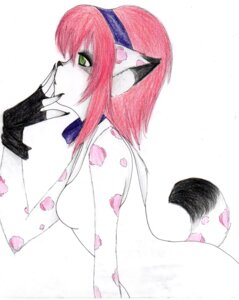 Rating: Safe Score: 0 Tags: anthro close-up clothing collar e621 felid feline female gloves green_eyes hair handwear hi_res lynx mammal midorikazeneko pink_hair simple_background solo tail white_background User: bunchy7s
