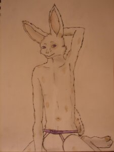 Rating: Questionable Score: 0 Tags: 3:4 3_toes absurd_res anthro barefoot biped briefs clothed clothing dribble_(artist) e621 feet front_view grandfathered_content hand_behind_head hi_res kneeling lagomorph leporid long_ears male mammal pose purple_eyes rabbit skimpy smile solo toes topless underwear User: bunchy7s