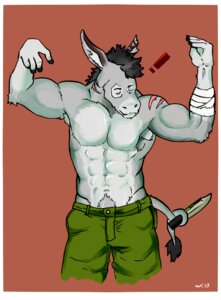 Rating: Safe Score: 0 Tags: 2013 abs anthro armpit_hair asinus bandage biceps black_hair body_hair border bottomwear clothed clothing donkey e621 equid equine exclamation_point front_view fur grey_body grey_fur hair knife male mammal muscular muscular_anthro muscular_male one_eye_closed pants pecs pose pubes red_background scar shirokuma162 simple_background solo topless white_body white_border white_fur User: bunchy7s