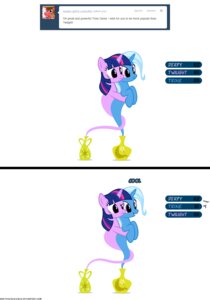Rating: Safe Score: 0 Tags: 2013 alternate_species blue_body blue_fur bottle container dialogue duo e621 english_text equid equine female friendship_is_magic fur genie hair hasbro hi_res horn hug mammal multicolored_hair my_little_pony mythological_creature mythological_equine mythology navitaserussirus purple_body purple_eyes purple_fur purple_hair simple_background text trixie_(mlp) tumblr twilight_sparkle_(mlp) two_tone_hair unicorn white_background User: bunchy7s