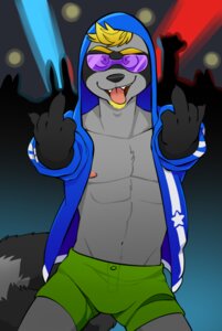 Rating: Safe Score: 0 Tags: anthro beard black_nose blonde_hair carper_(vasuki) clothing e621 eyewear facial_hair gesture glasses goatee group hair hand_gesture male mammal middle_finger nipples procyonid raccoon solo_focus tongue vasuki User: bunchy7s