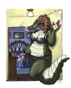 Rating: Questionable Score: 0 Tags: 4ofswords after_sex alexis_s._gator alligator alligatorid anthro cigarette crocodilian duo e621 exhausted female interspecies larger_female male mammal navel procyonid raccoon reptile scales scalie size_difference smaller_male smoking tail thick_tail tired ventral_scales zach_coon User: bunchy7s