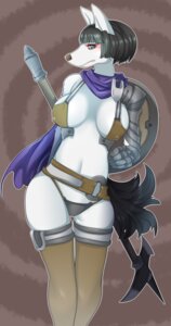 Rating: Questionable Score: 0 Tags: anthro armor black_hair blue_eyes breasts brown_nose buried_frog canid canine clothing e621 female fur hair hi_res mammal panties solo unconvincing_armor underwear white_body white_fur User: bunchy7s