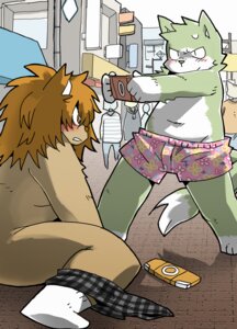 Rating: Questionable Score: 0 Tags: 5_fingers anthro bent_leg blush boxers_(clothing) boxers_around_one_leg boxers_only brown_hair canid canine clothed clothing clothing_around_one_leg console_on_ground day digital_media_(artwork) duo_focus e621 electronics extended_arm extended_arms fingers footwear fully_clothed fur game_console gaming gloves_(marking) green_body green_fur group hair handheld handheld_console holding_console holding_object holding_psp leg_markings legwear male mammal markings mostly_nude multiplayer outside partially_clothed playing_video_game playstation playstation_console playstation_portable psp_console public public_exposure si_ra_ta_ma3 sitting socks socks_(marking) sony_corporation sony_interactive_entertainment standing straight_legs strip_game tail tan_body tan_fur toony topless underwear underwear_around_one_leg underwear_down underwear_only undressing wariza white_body white_fur wide_stance User: bunchy7s