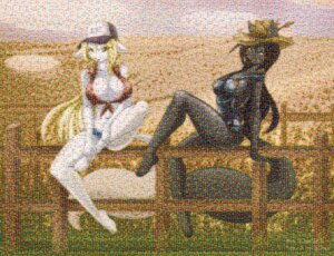 Rating: Questionable Score: 0 Tags: absurd_res anthro clothing duo e621 female fence hat headgear headwear hi_res mammal matypup mosaic reclining sitting tail unknown_species User: bunchy7s