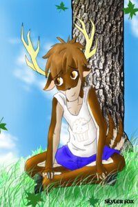 Rating: Safe Score: 0 Tags: 2:3 anthro antlers biped blue_bottomwear blue_clothing bottomwear brown_hair clothed clothing cloud crossed_legs deer detailed_background digital_media_(artwork) e621 food grass hair hooves horn jersey leaf male mammal mixed_media muffin nature orange_eyes outside pants photography_(artwork) plant shirt shirt_logo short_hair shorts sitting sky skyler_fox smile solo source_request tank_top topwear tree white_clothing white_topwear wood User: bunchy7s