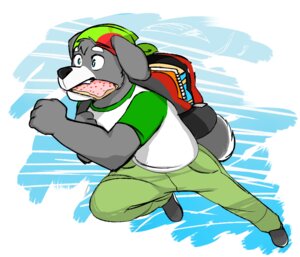 Rating: Safe Score: 0 Tags: action_pose anthro backpack black_nose blue_eyes bread canid canine canis clothing domestic_dog e621 eat_and_run food fur genchi grey_body grey_fur male mammal pop-tarts pose running shirt solo tail toast topwear User: bunchy7s