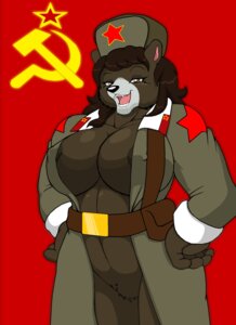 Rating: Questionable Score: 0 Tags: anthro anya_(droll3) areola areola_slip bear big_breasts black_nose bottomless breasts brown_hair clothed clothing communism droll3 e621 fangs female hair hammer_and_sickle hands_on_hips hat headgear headwear hi_res huge_breasts jacket long_hair mammal mature_anthro mature_female nipple_outline parody politics pose russia russian solo soviet_union star teeth topwear ushanka world_war world_war_2 User: bunchy7s