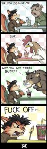 Rating: Safe Score: 0 Tags: ambiguous_gender angry anthro avian beak bird black_eyes black_hair bovid bovine burger can't_enjoy cattle chicken comic dialogue domestic_pig duo e621 eating english_text facial_piercing food galliform hair hi_res hooves hot_dog humor kfc male mammal nose_piercing nose_ring phasianid piercing ring_piercing rodent role_reversal sciurid septum_piercing sitting solo_focus suid suine sus_(pig) tail text tirrel tirrel_(tirrel) tree_squirrel User: bunchy7s
