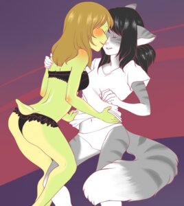 Rating: Questionable Score: 0 Tags: 2011 amphibian anthro bramblefix clothing digital_media_(artwork) domestic_cat duo e621 felid feline felis female frog frogela green_body green_skin hi_res kat_(katz1lla) mammal panties pigtails short_tail tail underwear undressing User: bunchy7s