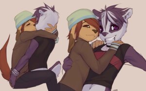 Rating: Safe Score: 0 Tags: anthro badger beanie brown_eyes canid canine canis clothed clothing collar domestic_dog doxy duo e621 ear_piercing facial_piercing femboy fur grin hat headgear headwear hug kiss_on_lips kissing male male/male mammal markings marty_(onta) mustelid musteline piercing purple_body purple_eyes purple_fur romantic romantic_couple simple_background smile standing sweater tail taylor_(onta) topwear User: bunchy7s