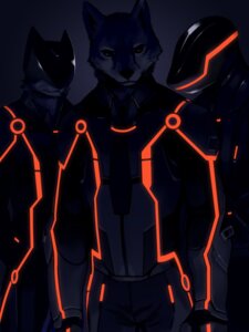 Rating: Safe Score: 0 Tags: 3:4 anthro armor canid canine canis clothing cyberpunk detailed disney e621 fffffolder group headgear helmet hi_res looking_at_viewer male mammal neon realistic science_fiction simple_background standing suit tron tron:_legacy tron_lines wolf User: bunchy7s