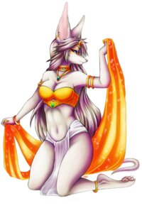 Rating: Safe Score: 0 Tags: 2012 anthro anubia anubian_jackal biped canid canine canis clothed clothing e621 egyptian female fur hi_res jackal jewelry kneeling mammal piercing purple_eyes sdark391 simple_background skimpy solo tail white_background white_body white_fur User: bunchy7s