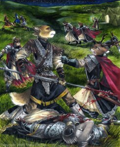 Rating: Questionable Score: 0 Tags: anthro antlers armor blood bodily_fluids bovid bovine canid canine chainmail cloak clothing death deer e621 fox group horn male mammal medieval melee_weapon polearm scared spear sword tail tracy_j._butler traditional_media_(artwork) weapon User: bunchy7s