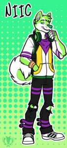 Rating: Safe Score: 0 Tags: akita anthro canid canine canis clothing digital_media_(artwork) domestic_dog e621 electronics full-length_portrait headphones headphones_around_neck hoodie husky kerchief male mammal niic nordic_sled_dog portrait purple_clothing smile smirk solo spitz tail topwear vallhound User: bunchy7s
