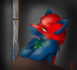 Rating: Safe Score: 0 Tags: 2009 ambiguous_gender anthro blue_body blue_fur canid canine detailed_background e621 fox foxmantra fur inside mammal raining red_body red_fur solo toony User: bunchy7s