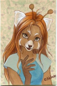 Rating: Safe Score: 0 Tags: 2011 ailurid antennae_(anatomy) anthro brown_eyes brown_hair clothing e621 female hair long_hair looking_at_viewer mammal nekoart red_panda shirt smile solo topwear traditional_media_(artwork) User: bunchy7s