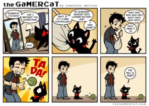 Rating: Safe Score: 0 Tags: ball_of_yarn black_body black_eyes black_fur black_hair clothed clothing comic dialogue disappointed domestic_cat duo e621 english_text excited eyes_closed felid feline felis fur gamercat_(character) grid_layout hair human humor male mammal open_mouth samantha_whitten scarf six_frame_image size_difference smile speech_bubble text the_gamercat url whiskers yarn User: bunchy7s