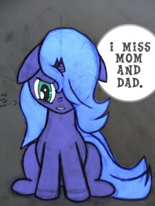 Rating: Safe Score: 0 Tags: 3:4 absurd_res blue_hair e621 english_text equid equine female feral friendship_is_magic hair hasbro hi_res horn mammal my_little_pony mythological_creature mythological_equine mythology penguinprotecter princess_luna_(mlp) sad simple_background solo tail text toony unicorn young young_female young_feral User: bunchy7s