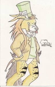 Rating: Questionable Score: 0 Tags: alice_in_wonderland bottomwear bow_(feature) bow_tie brown_hair brown_outerwear claws clothing coat collared_shirt cosplay e621 facial_markings fangs feral fluffy fluffy_tail fur gabusin_(artist) green_clothing green_eyes green_headwear green_topwear hair hands_on_hips hat head_markings headgear headwear hi_res humanoid_pointy_ears hybrid long_claws mad_hatter male markings pawpads pink_pawpads pointy_ears pose pupils scar shirt sign simple_background slit_pupils solo spots standing stripes tail teeth tongue tongue_out top_hat topwear traditional_media_(artwork) white_background white_body white_bottomwear white_clothing white_fur yellow_body yellow_fur zeggy User: bunchy7s