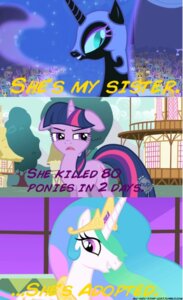 Rating: Safe Score: 0 Tags: blue_eyes blue_hair crown e621 english_text equid equine female feral friendship_is_magic fur group hair half-closed_eyes hasbro headgear horn mammal multicolored_hair my_little_pony mythological_creature mythological_equine mythology narrowed_eyes nightmare_moon_(mlp) parody plant princess princess_celestia_(mlp) pupils purple_body purple_fur purple_hair quadruped royalty slit_pupils smile tail text tree twilight_sparkle_(mlp) two_tone_hair unicorn unknown_artist window wings User: bunchy7s
