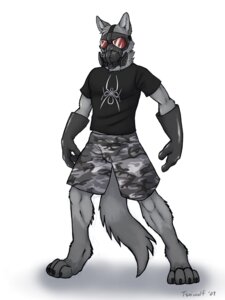 Rating: Safe Score: 0 Tags: 2009 3:4 anthro barefoot bottomwear camo camo_print canid canine canis clothed clothed_anthro clothing e621 feet fully_clothed fully_clothed_anthro fur gas_mask grey_body grey_fur male mammal mask shorts simple_background solo tail tsaiwolf white_background wolf User: bunchy7s