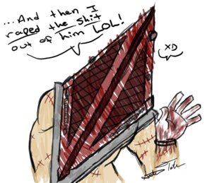 Rating: Safe Score: 0 Tags: art_munkee clothing dialogue e621 english_text for_a_head gloves handwear humanoid konami laugh male mammal monster monstrous_humanoid not_furry object_head pyramid_head rape_mention scar silent_hill simple_background solo text white_background xd User: bunchy7s