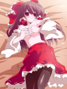 Rating: Questionable Score: 0 Tags: armpits breast_grab breast_squeeze breasts brown_legwear covering female female_only human miuku_(marine_sapphire) pantyhose red_eyes reimu_hakurei ribbon rule34 solo topless touhou User: bunchy7s