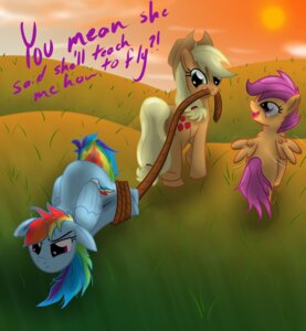 Rating: Safe Score: 0 Tags: applejack_(mlp) blonde_hair blue_body blue_feathers blue_fur bound clothing cloud cowboy_hat cutie_mark detailed_background dialogue e621 earth_pony english_text equid equine feathered_wings feathers female feral friendship_is_magic fur grass green_eyes group hair hasbro hat headgear headwear horse mammal multicolored_hair multicolored_tail my_little_pony mythological_creature mythological_equine mythology open_mouth orange_body orange_fur outside pegasus plant pony purple_eyes purple_hair rainbow_dash_(mlp) rainbow_hair rainbow_tail rope scootaloo_(mlp) sky tail text toony tyruas wings young young_feral User: bunchy7s