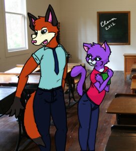 Rating: Safe Score: 0 Tags: accessory anthro blue_bottomwear blue_clothing blue_necktie blue_pants boobytrapzap book bottomwear canid canine chalkboard classroom clothing desk domestic_cat duo e621 felid feline felis female fox furniture green_clothing green_shirt green_topwear holding_book holding_object information_board inside male mammal necktie pants red_clothing red_shirt red_t-shirt red_topwear school shirt student t-shirt table tail teacher teacher_and_student topwear window User: bunchy7s