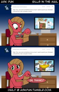 Rating: Safe Score: 0 Tags: ask_pun box comic computer computer_keyboard container desk e621 earth_pony electronics english_text equid equine fan_character female feral furniture hasbro hi_res horse humor joke mammal mouse murid murine my_little_pony pony pun_pony rodent table text tumblr unknown_artist url User: bunchy7s