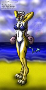 Rating: Questionable Score: 0 Tags: 2011 anthro beach bikini biped breasts claws clothed clothing cloud detailed_background e621 english_text female fur generation_2_pokemon hair hands_behind_head legendary_pokemon long_hair looking_at_viewer nintendo nipple_outline outside pink_hair pokemon pokemon_(species) pokemorph raikou raye_(snowfyre) sand sea seaside skimpy sky snowfyre solo standing swimwear text toe_claws two-piece_swimsuit water white_body white_fur yellow_body yellow_fur User: bunchy7s