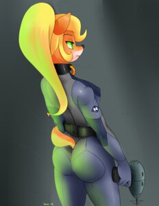 Rating: Questionable Score: 0 Tags: 2013 activision anthro bandicoot biped blonde_hair bodysuit breasts butt butt_pose clothing coco_bandicoot crash_bandicoot_(series) devo87 e621 female furgonomics green_eyes hair mammal marsupial nipple_outline pose rear_view skinsuit solo standing suit tail tail_clothing tight_clothing weapon User: bunchy7s
